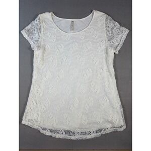 Lea‎ & Nicole Womens XL Ivory Floral Lace Short Sleeve Lined Blouse Top